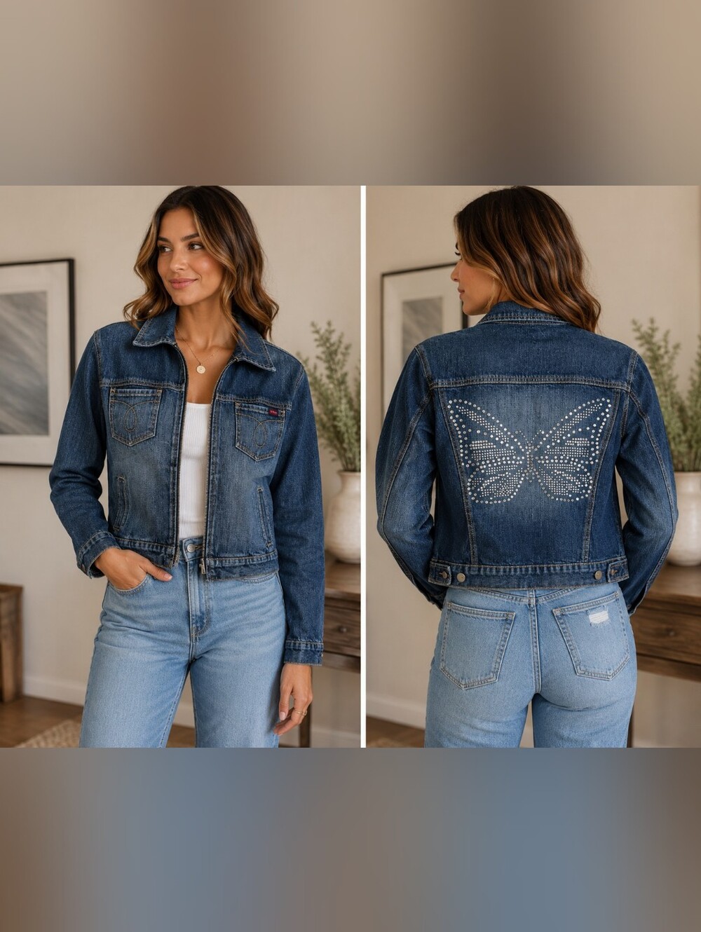 Yuka Dark Blue Women's Denim Jacket with Rhinestone Butterfly